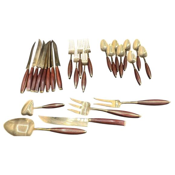 Vintage Other - 🍽️ MCM Brass and Wood Cutlery Flatware Set Mixed Lot Vintage Mid Century Style